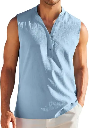 Sleeveless Linen Shirts for Men Casual Summer Comfy Solid Button Down Henley Tank Tops Designer Vocation Beach Shirts