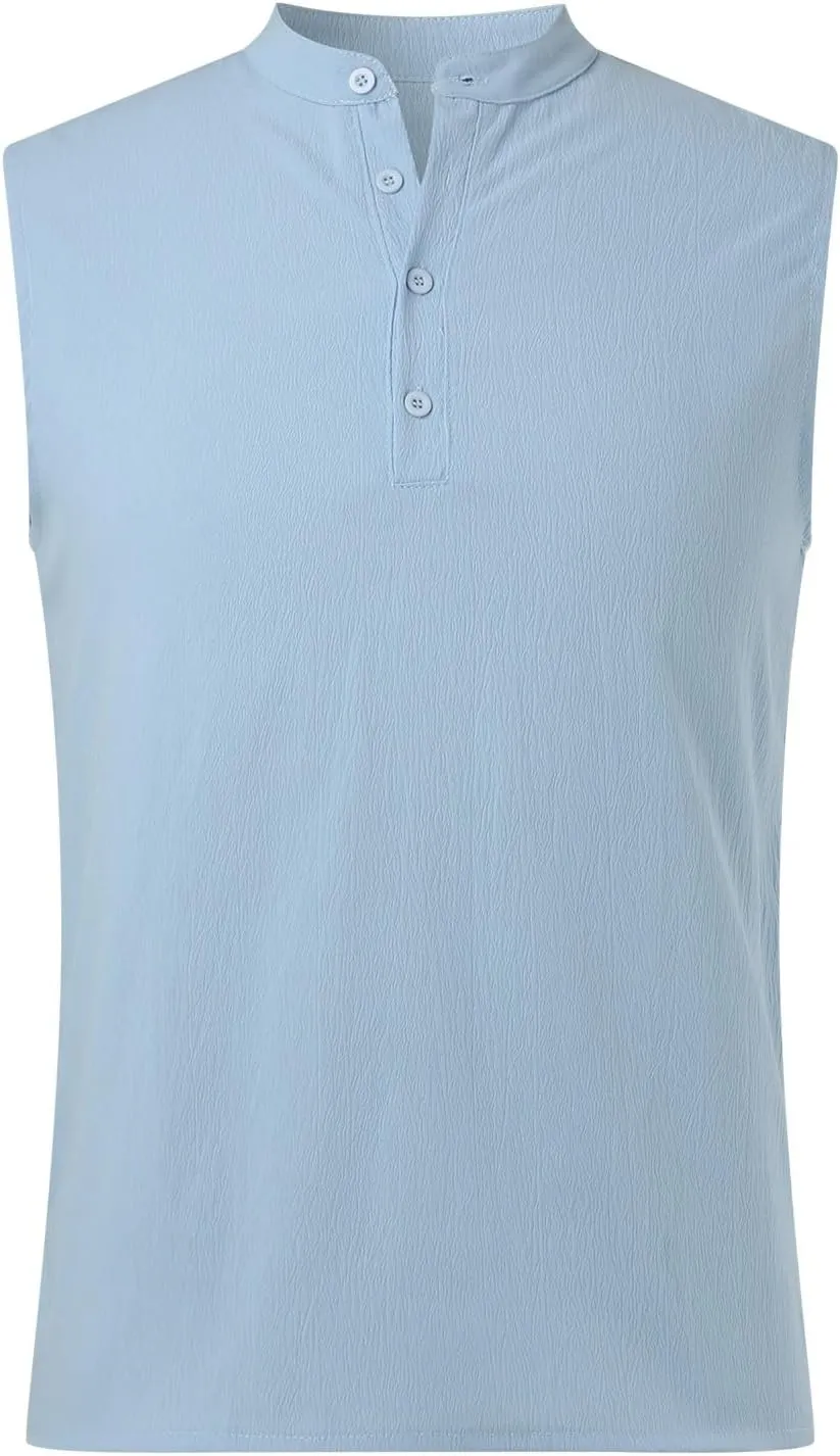 Sleeveless Linen Shirts for Men Casual Summer Comfy Solid Button Down Henley Tank Tops Designer Vocation Beach Shirts