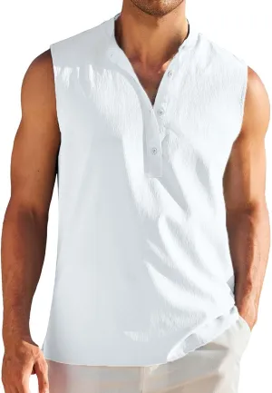 Sleeveless Linen Shirts for Men Casual Summer Comfy Solid Button Down Henley Tank Tops Designer Vocation Beach Shirts