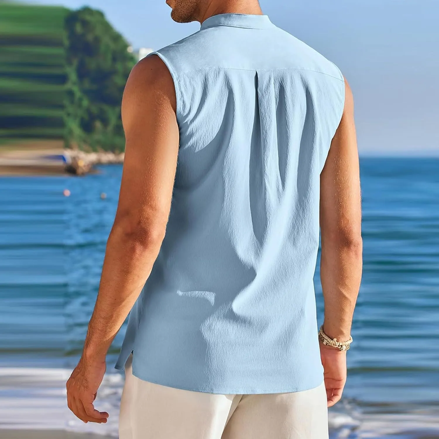 Sleeveless Linen Shirts for Men Casual Summer Comfy Solid Button Down Henley Tank Tops Designer Vocation Beach Shirts