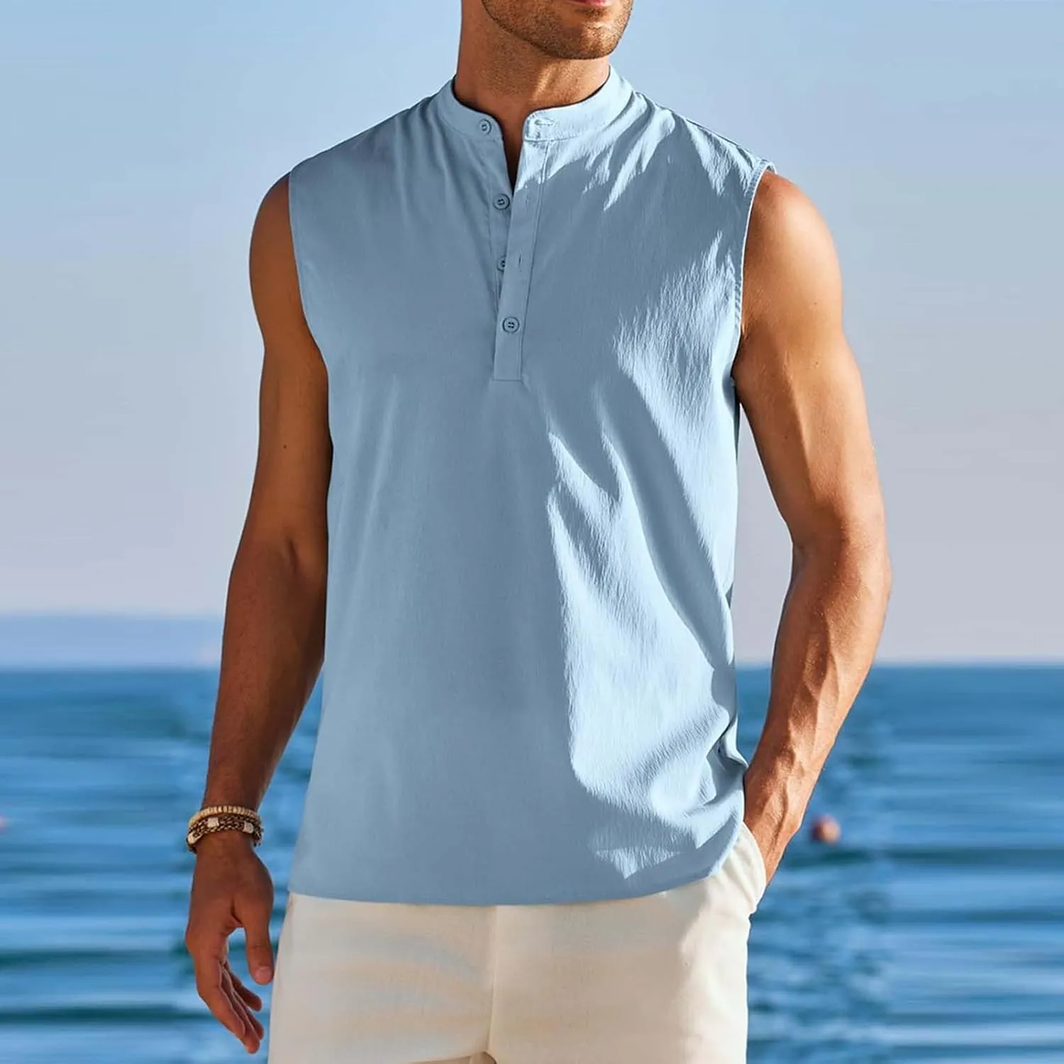Sleeveless Linen Shirts for Men Casual Summer Comfy Solid Button Down Henley Tank Tops Designer Vocation Beach Shirts