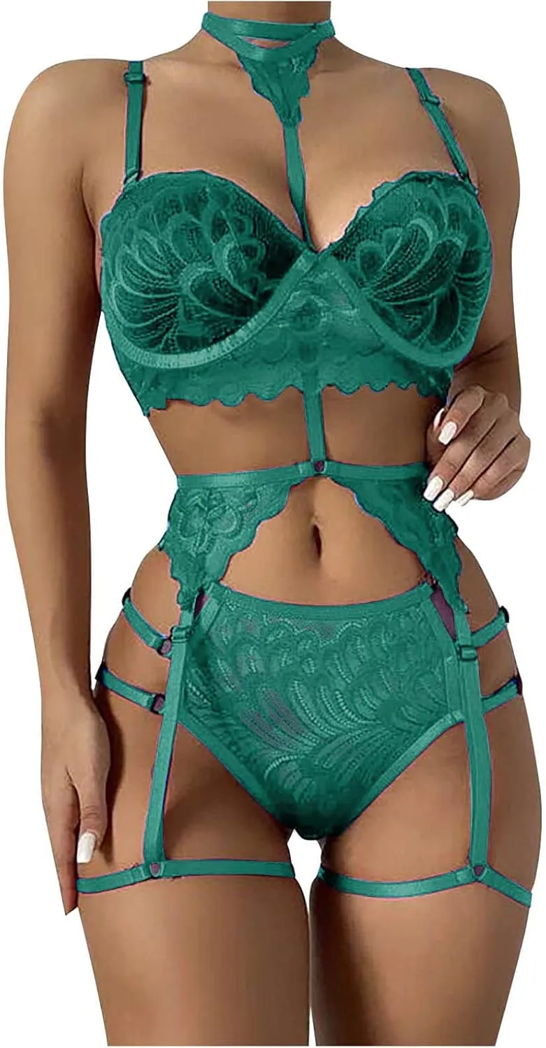 SMIDOW Women's Lingerie Set Sexy Solid Bralette Panty Strappy Babydoll Bodysuit Bondage Lingerie With Garter Belt