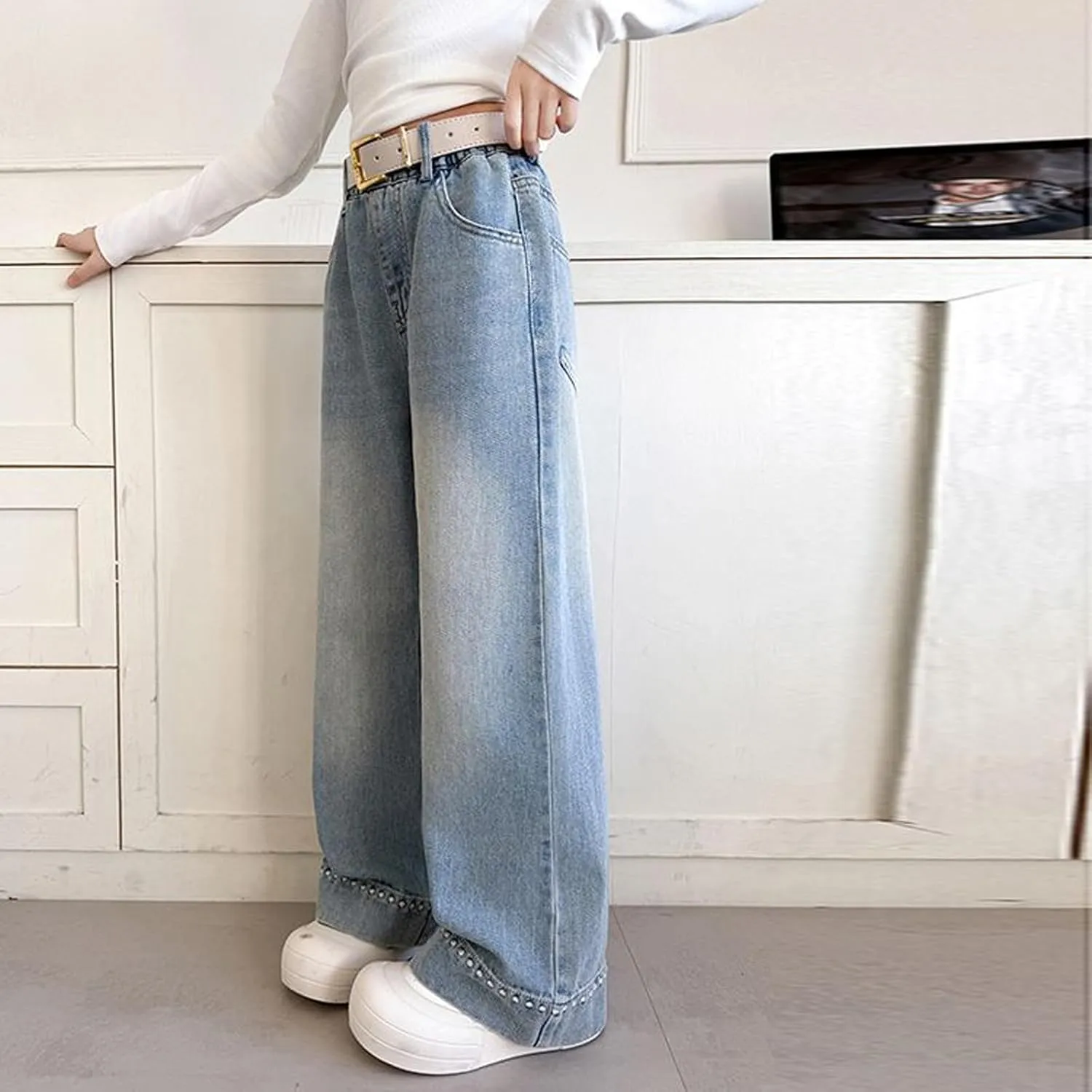 Spring Fashion Jeans for Girls Y2K Trendy Preppy Stretch High Waisted Denim Pants 2025 Casual Baggy Wide Leg Trousers