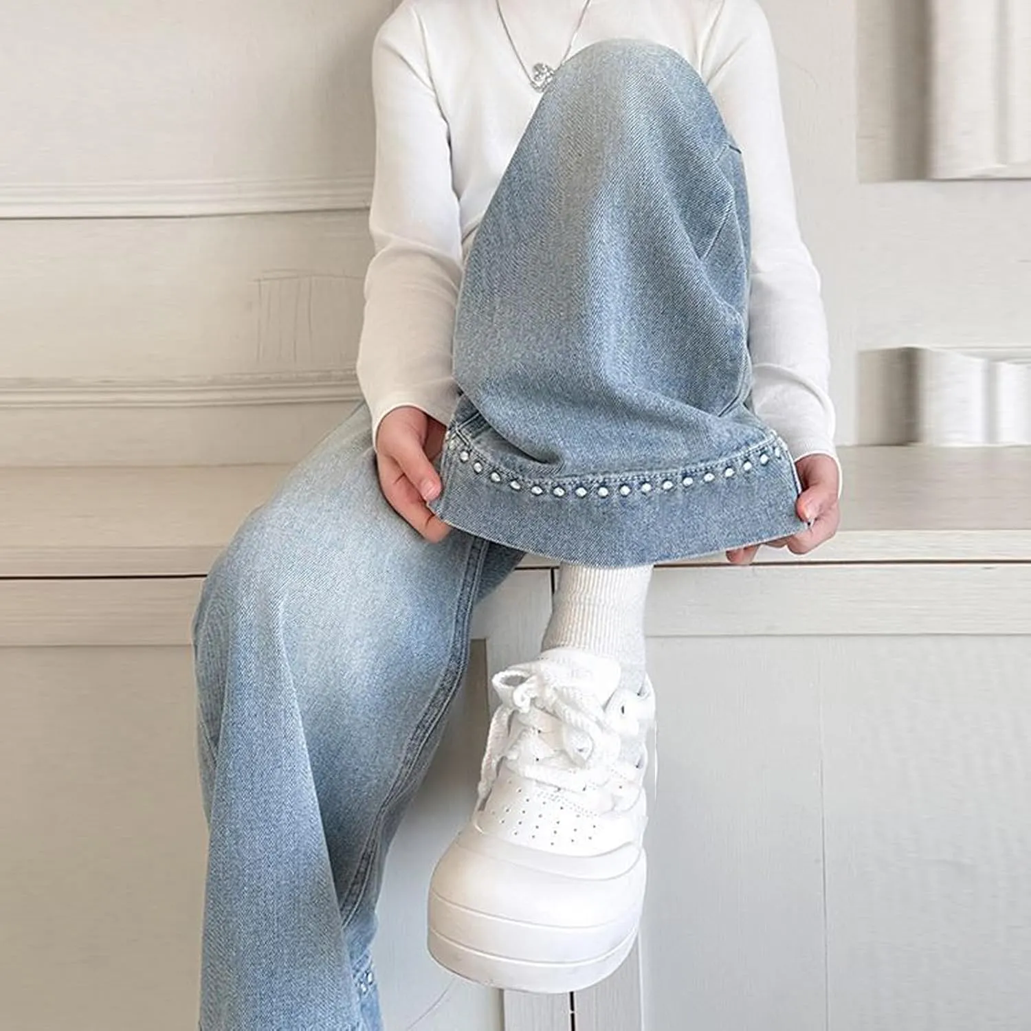 Spring Fashion Jeans for Girls Y2K Trendy Preppy Stretch High Waisted Denim Pants 2025 Casual Baggy Wide Leg Trousers