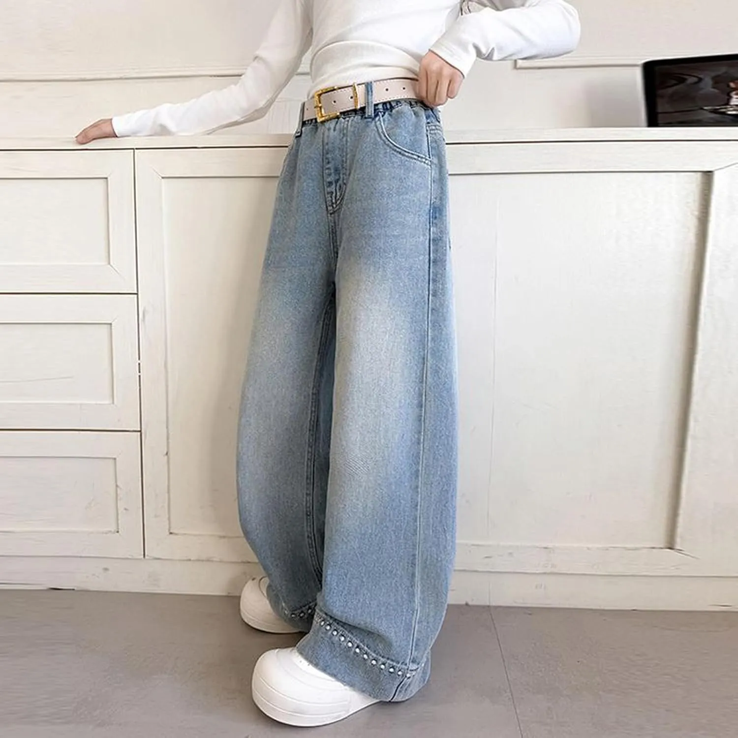 Spring Fashion Jeans for Girls Y2K Trendy Preppy Stretch High Waisted Denim Pants 2025 Casual Baggy Wide Leg Trousers
