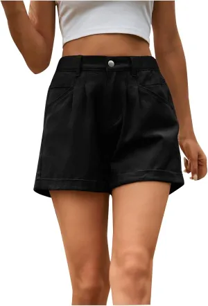 Summer Jean Shorts for Women Trendy High Waisted Jeans with Pockets Dressy Solid Zipper Button Folded Hem Denim Shorts
