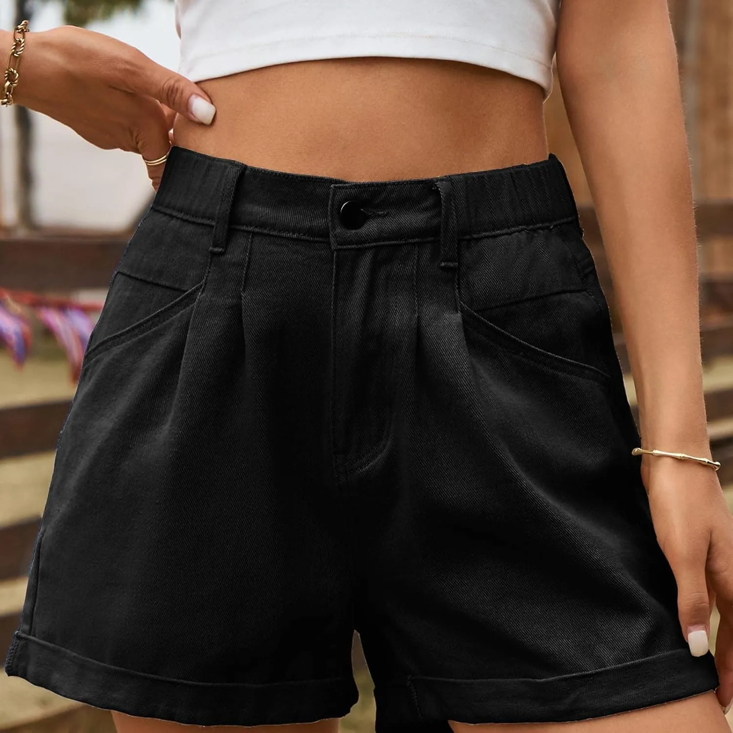 Summer Jean Shorts for Women Trendy High Waisted Jeans with Pockets Dressy Solid Zipper Button Folded Hem Denim Shorts