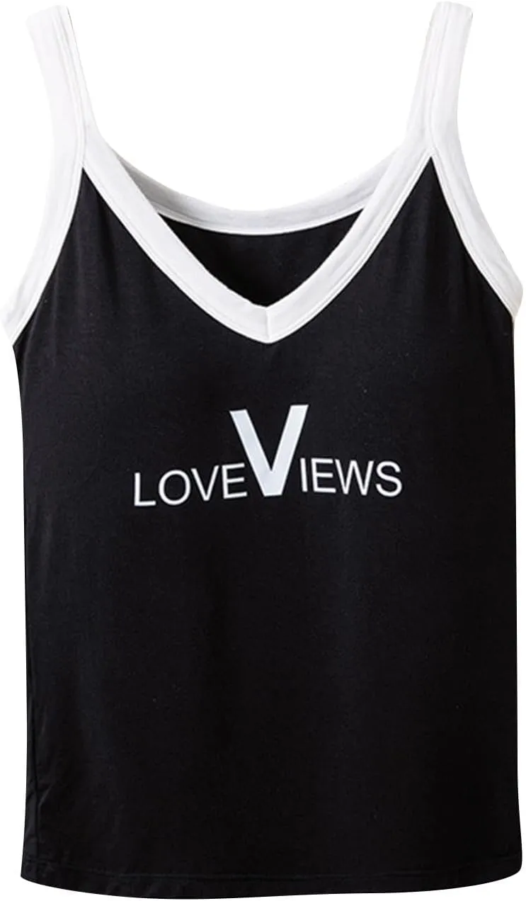 Summer Tank Tops for Women Trendy Sleeveless V Neck Padded Shirts Top Letter Printed Fashion V Neck Vacation Camisole