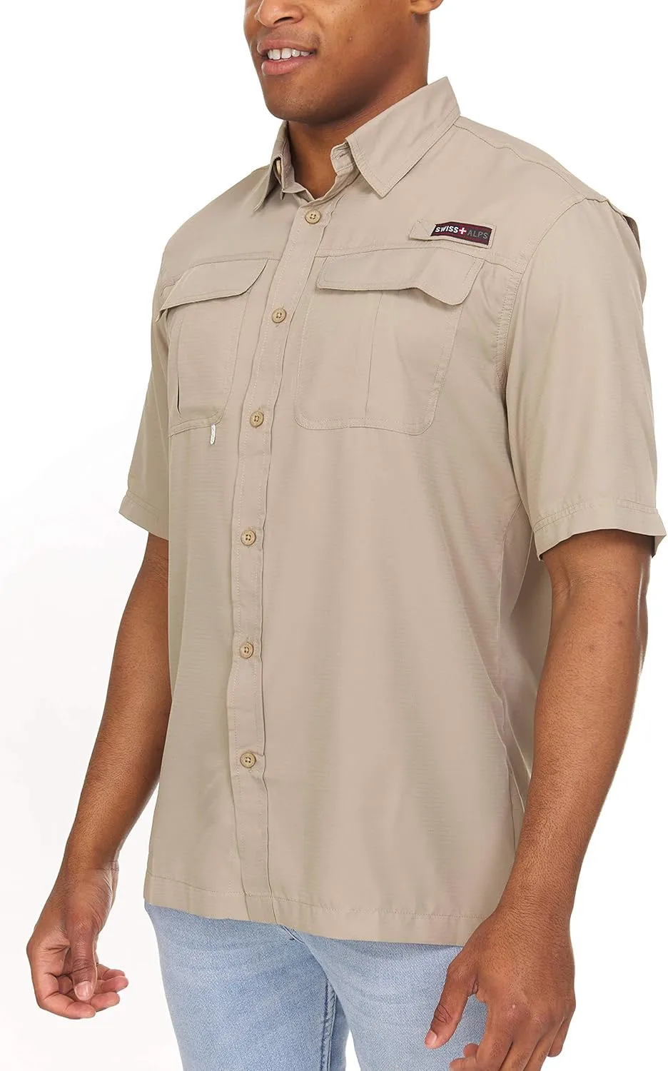 Swiss Alps Mens Short Sleeve Button Down Sun Protection UPF 30 Shirt Quick Dry Cooling Fishing Shirts Casual Summer Tops