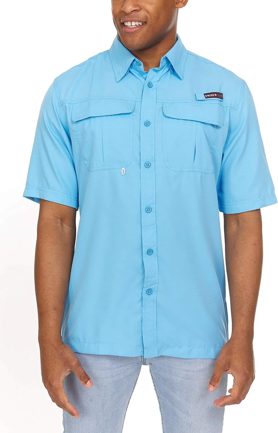 Swiss Alps Mens Short Sleeve Button Down Sun Protection UPF 30 Shirt Quick Dry Cooling Fishing Shirts Casual Summer Tops