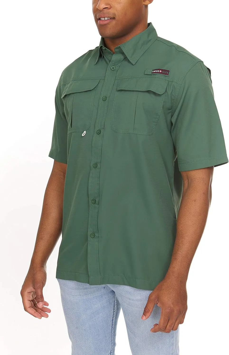 Swiss Alps Mens Short Sleeve Button Down Sun Protection UPF 30 Shirt Quick Dry Cooling Fishing Shirts Casual Summer Tops