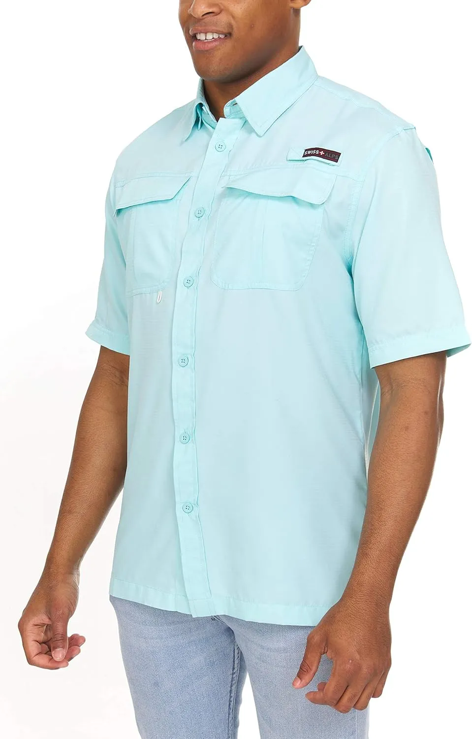 Swiss Alps Mens Short Sleeve Button Down Sun Protection UPF 30 Shirt Quick Dry Cooling Fishing Shirts Casual Summer Tops