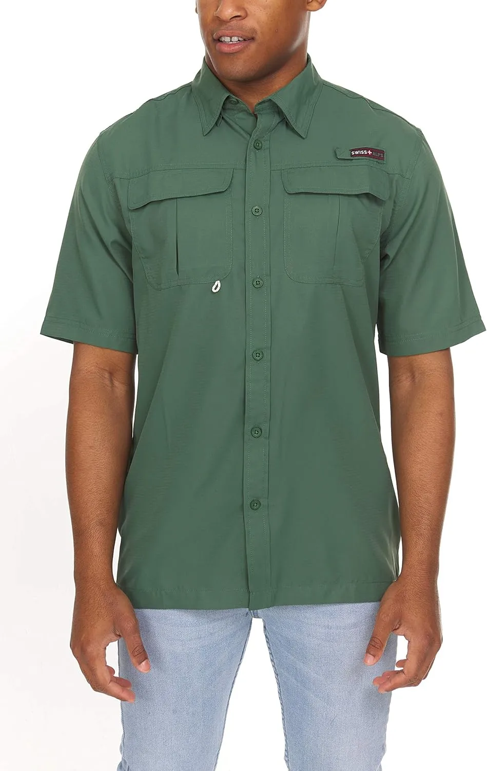 Swiss Alps Mens Short Sleeve Button Down Sun Protection UPF 30 Shirt Quick Dry Cooling Fishing Shirts Casual Summer Tops