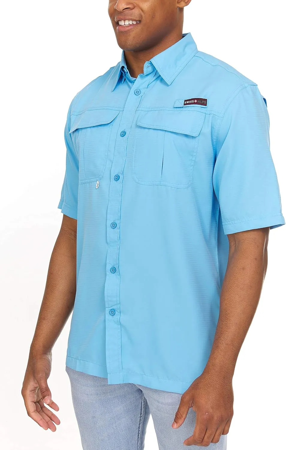 Swiss Alps Mens Short Sleeve Button Down Sun Protection UPF 30 Shirt Quick Dry Cooling Fishing Shirts Casual Summer Tops