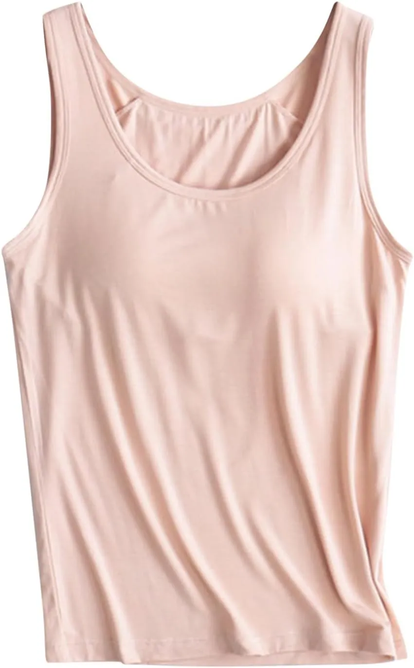 Tank Tops for Women 2025 Built in Bra Solid Color Crewneck Sleeveless Shirts Padded Trendy Casual Comfy Yaga Camisole