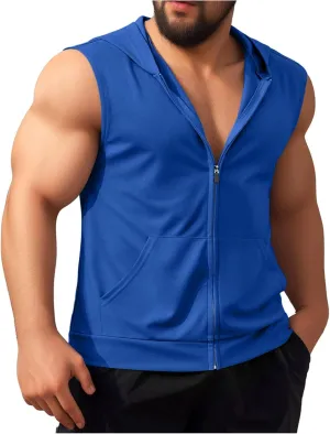 Tank Tops Men Stylish Zipper Vest Mens Bodybuilding Gym Vest Hooded T-Shirts Sleeveless Hoodies Workout Muslce Tops