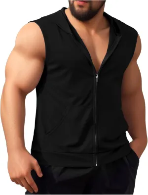 Tank Tops Men Stylish Zipper Vest Mens Bodybuilding Gym Vest Hooded T-Shirts Sleeveless Hoodies Workout Muslce Tops