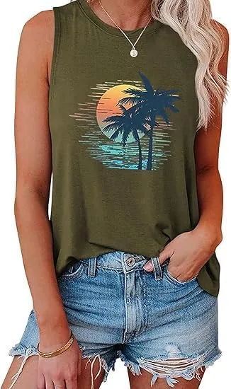 Tank Tops Women Palm Trees Beach Tank Tops Hawaiian Graphic Tees Summer Sleeveless Shirts Vintage Vacation T-Shirt