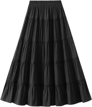 Tiered Ruffle Skirt for Women with Lace Detail Elastic Waist Midi Skirt Flowy Boho Skirts for Daily Wear
