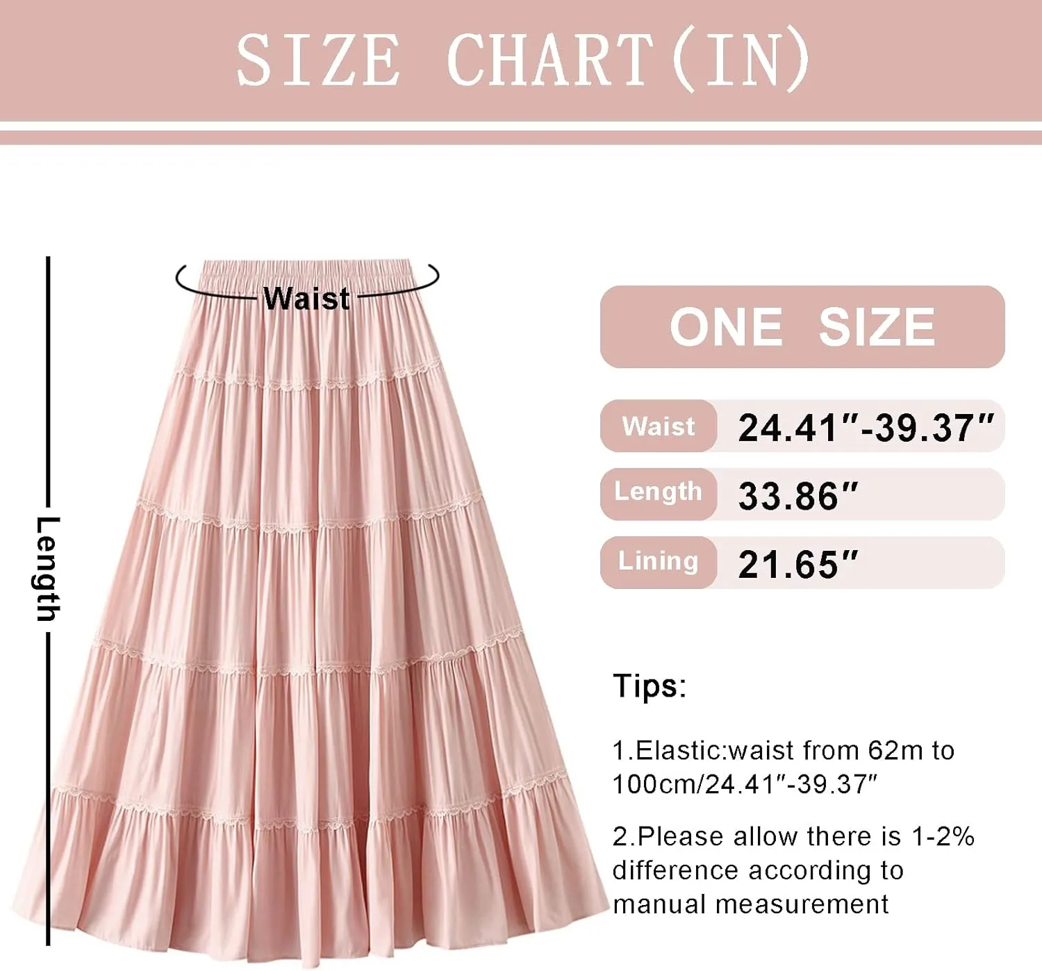 Tiered Ruffle Skirt for Women with Lace Detail Elastic Waist Midi Skirt Flowy Boho Skirts for Daily Wear