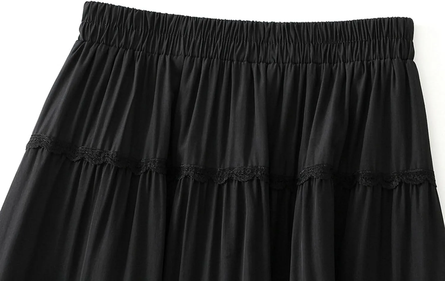 Tiered Ruffle Skirt for Women with Lace Detail Elastic Waist Midi Skirt Flowy Boho Skirts for Daily Wear