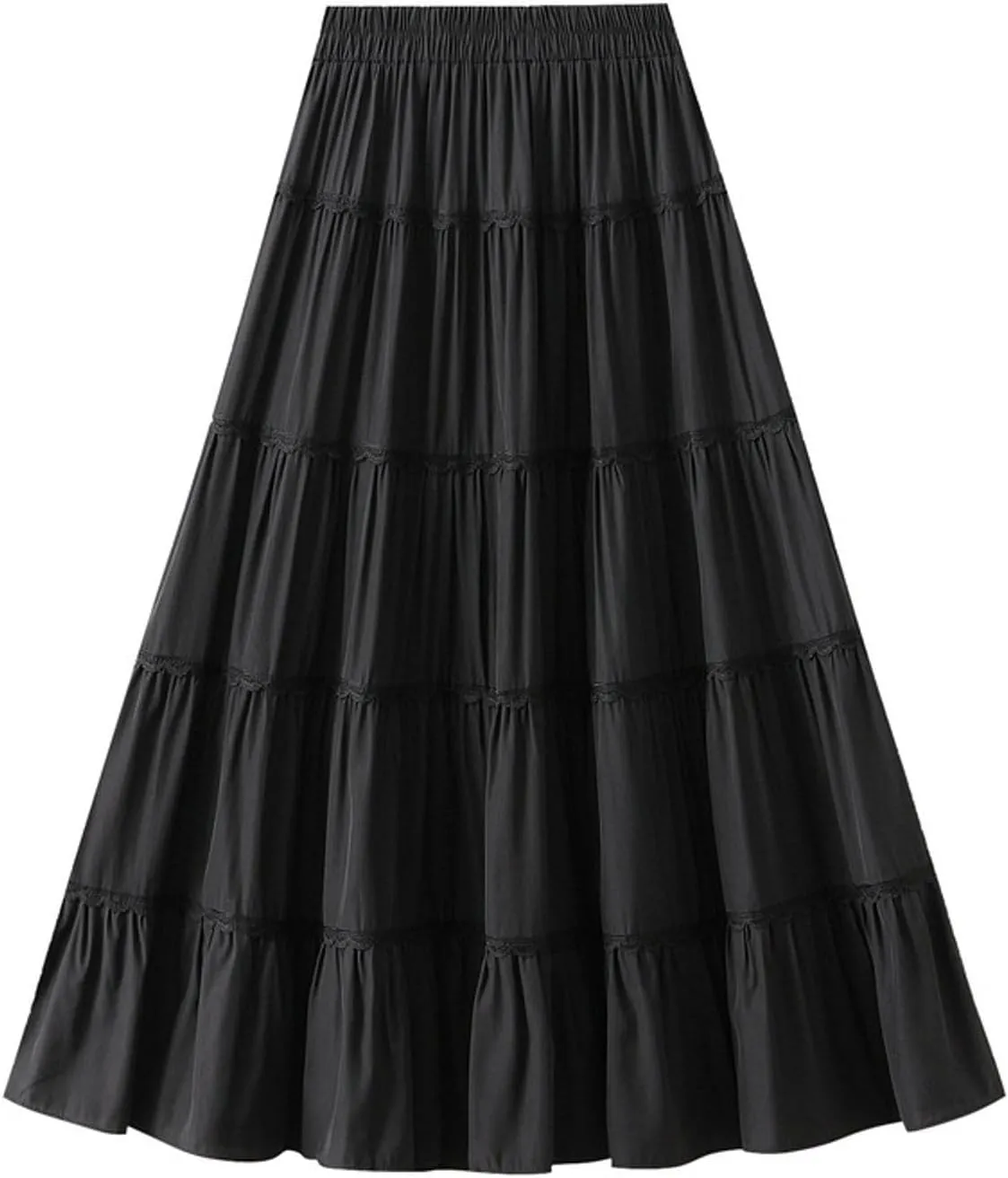 Tiered Ruffle Skirt for Women with Lace Detail Elastic Waist Midi Skirt Flowy Boho Skirts for Daily Wear