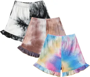 Toddler Baby Girl Shorts 3 Pack Tie Dye Ribbed Newborn Girls Shorts Summer Casual Ruffle Cotton Elastic Baby Bloomers