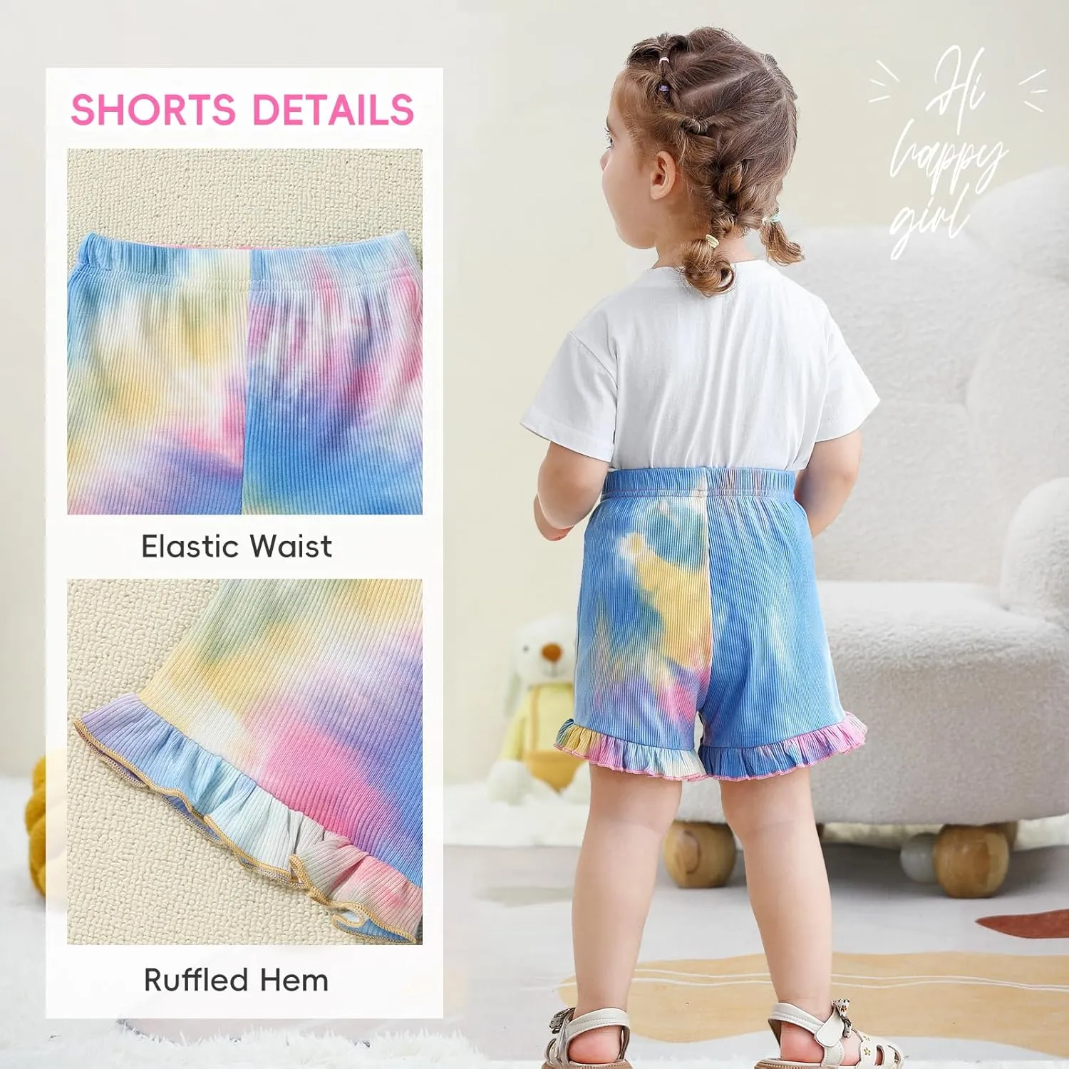 Toddler Baby Girl Shorts 3 Pack Tie Dye Ribbed Newborn Girls Shorts Summer Casual Ruffle Cotton Elastic Baby Bloomers