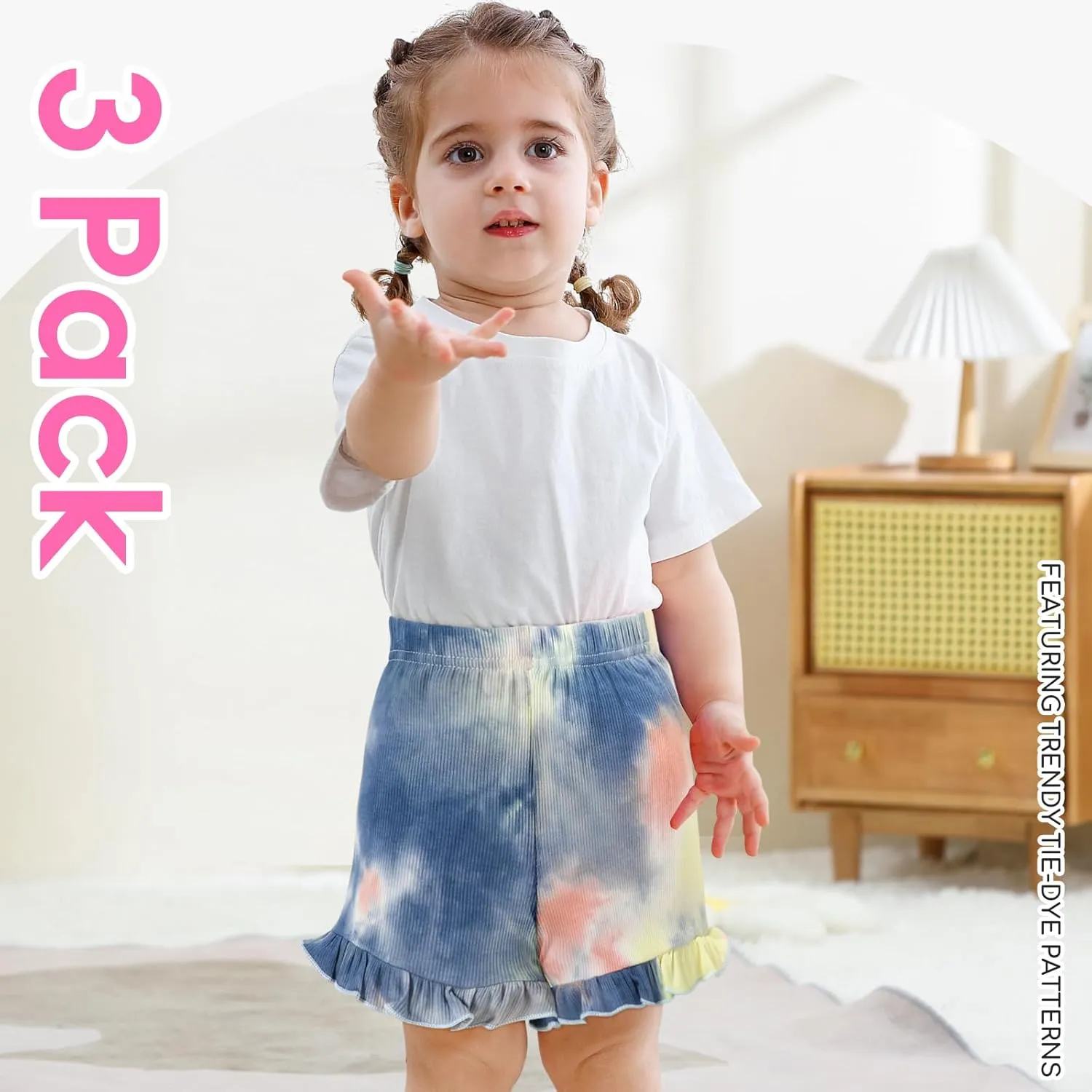 Toddler Baby Girl Shorts 3 Pack Tie Dye Ribbed Newborn Girls Shorts Summer Casual Ruffle Cotton Elastic Baby Bloomers