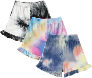 Toddler Baby Girl Shorts 3 Pack Tie Dye Ribbed Newborn Girls Shorts Summer Casual Ruffle Cotton Elastic Baby Bloomers