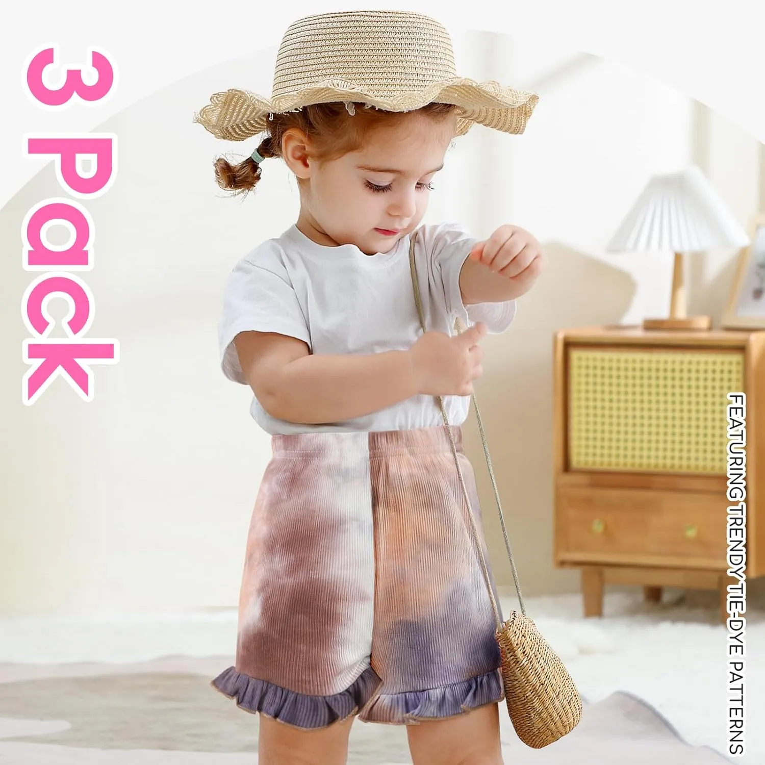 Toddler Baby Girl Shorts 3 Pack Tie Dye Ribbed Newborn Girls Shorts Summer Casual Ruffle Cotton Elastic Baby Bloomers