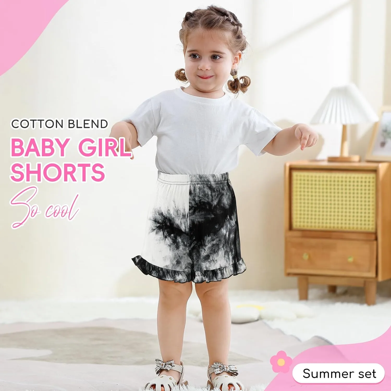 Toddler Baby Girl Shorts 3 Pack Tie Dye Ribbed Newborn Girls Shorts Summer Casual Ruffle Cotton Elastic Baby Bloomers