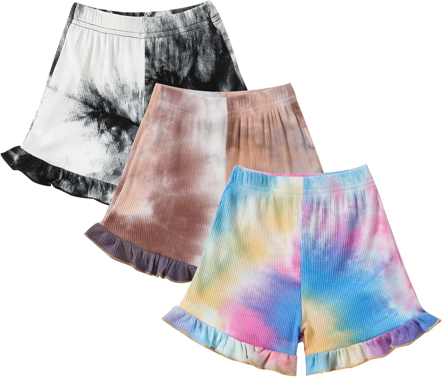 Toddler Baby Girl Shorts 3 Pack Tie Dye Ribbed Newborn Girls Shorts Summer Casual Ruffle Cotton Elastic Baby Bloomers