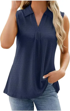 Trendy Eyelet Tops for Women Sleeveless V Neck Tank Top Pleated Front Dressy Blouses Casual Loose Business Work Shirts