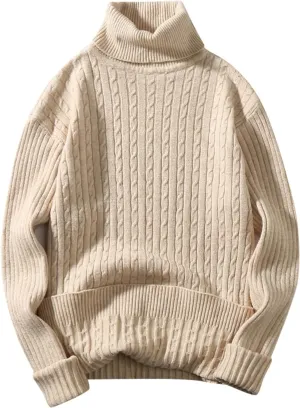 Turtleneck Sweaters for Men Twisted Knitted Tops Solid Color Pullover Tops Lightweight Jumper Casual Slim Fit Sweater