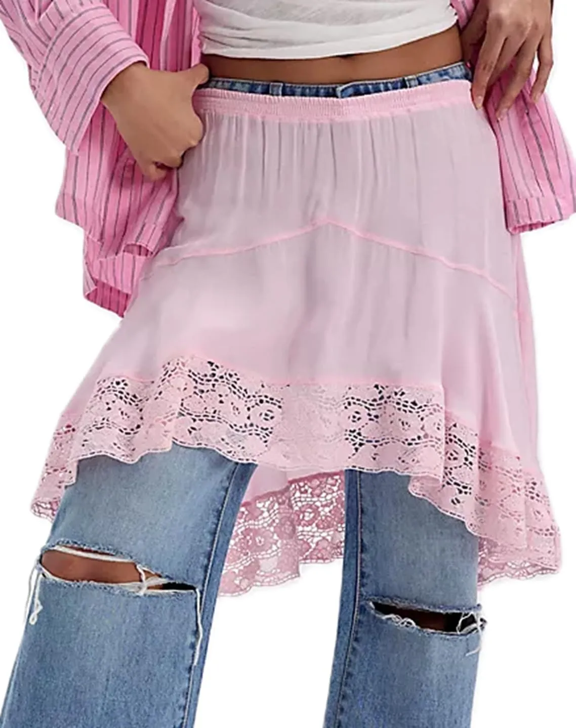 UAURORAO Women Lace Trim Half Slip Skirt Elastic Y2k Floral Sheer Mini Skirt Ruffle Pleated Underskirt Shirt Extender