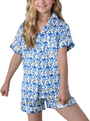 Ugly Girls Summer Outfit, Kids 2 Piece Button Down Monkey Beach Shorts Set Cute Animal Y2k Preppy Loungewear