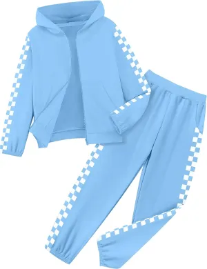 Unisex Boys Girls Clothes Plaid 2 Piece Outfits Athletic Tracksuit Hooded Sweatshirt and Sweatpants Kids Sweatsuits