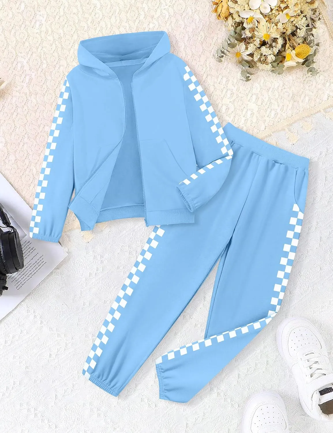 Unisex Boys Girls Clothes Plaid 2 Piece Outfits Athletic Tracksuit Hooded Sweatshirt and Sweatpants Kids Sweatsuits