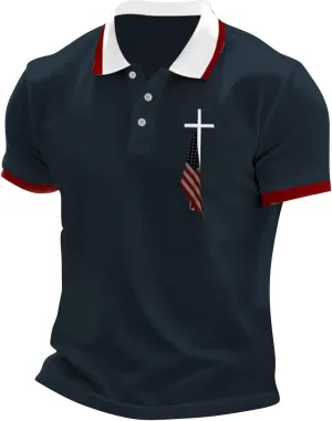Vintage American Flag Polo Shirt for Men 4th of July Christian Cross Golf Shirts Short Sleeve USA Flag Tees 2025