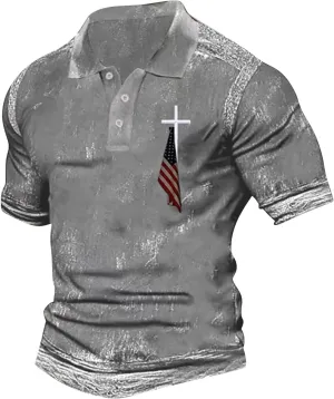 Vintage American Flag Polo Shirt for Men 4th of July Christian Cross Golf Shirts Short Sleeve USA Flag Tees 2025