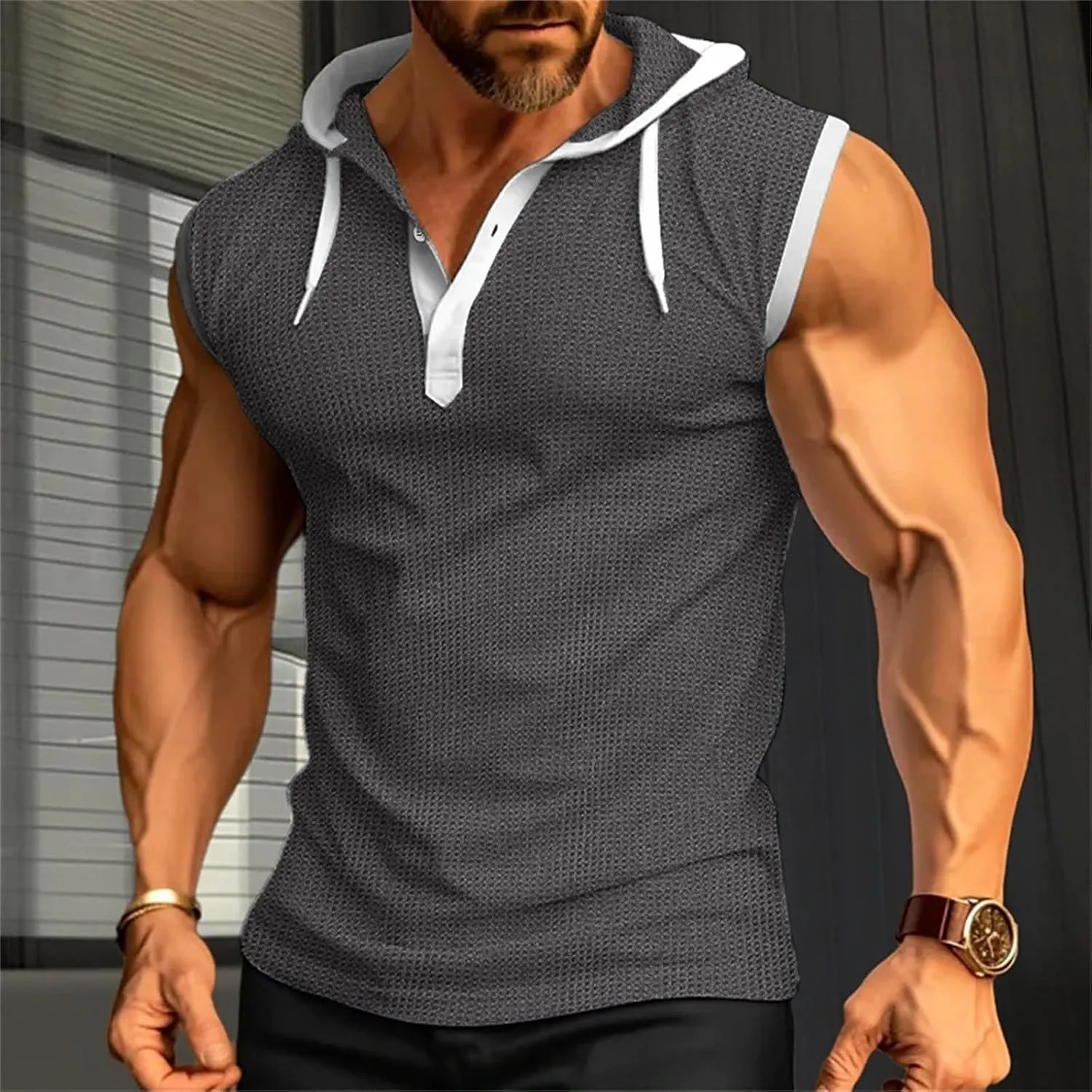 Waffle Tank Top for Men Hooded Shirts Gym Workout Bodybuilding Sleeveless Muscle T Shirts Block Color Vest Hoodies