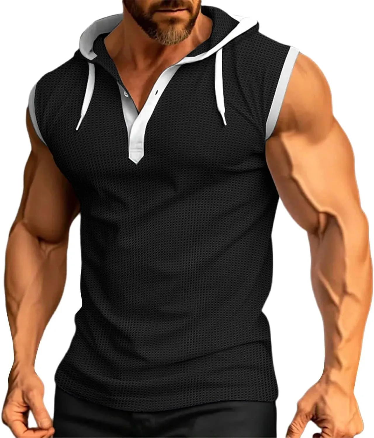 Waffle Tank Top for Men Hooded Shirts Gym Workout Bodybuilding Sleeveless Muscle T Shirts Block Color Vest Hoodies