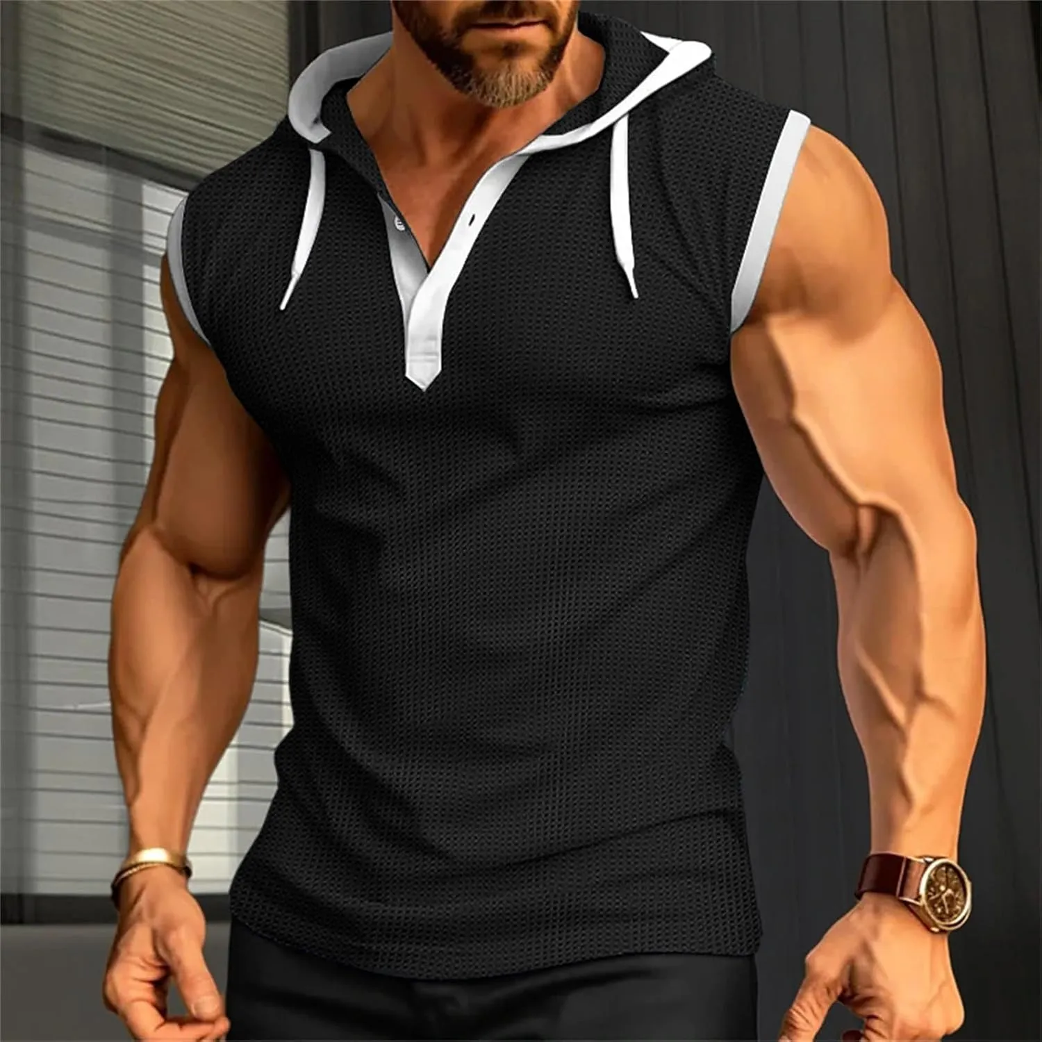 Waffle Tank Top for Men Hooded Shirts Gym Workout Bodybuilding Sleeveless Muscle T Shirts Block Color Vest Hoodies