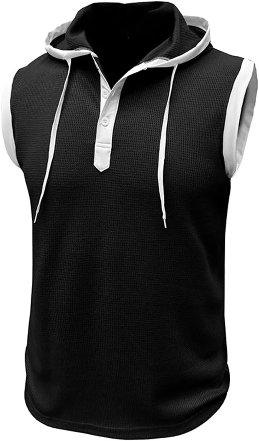 Waffle Tank Top for Men Hooded Shirts Gym Workout Bodybuilding Sleeveless Muscle T Shirts Block Color Vest Hoodies