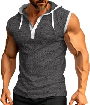 Waffle Tank Top for Men Hooded Shirts Gym Workout Bodybuilding Sleeveless Muscle T Shirts Block Color Vest Hoodies