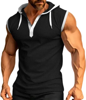 Waffle Tank Top for Men Hooded Shirts Gym Workout Bodybuilding Sleeveless Muscle T Shirts Block Color Vest Hoodies