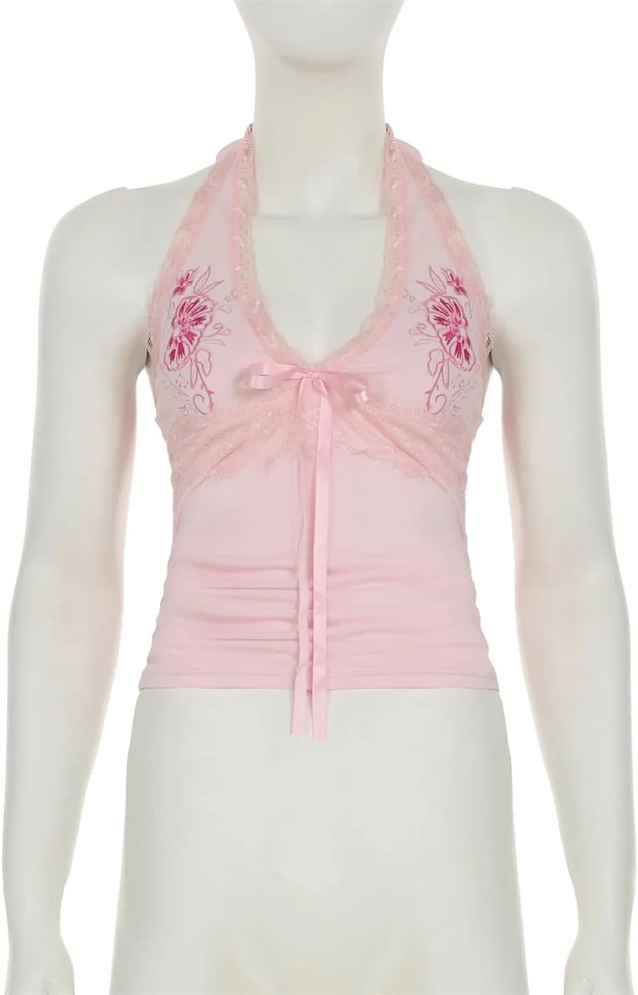 Woemn Embroidery Lace Trim Halter Tops Holiday Deep V-Neck Sleeveless Tank Tops