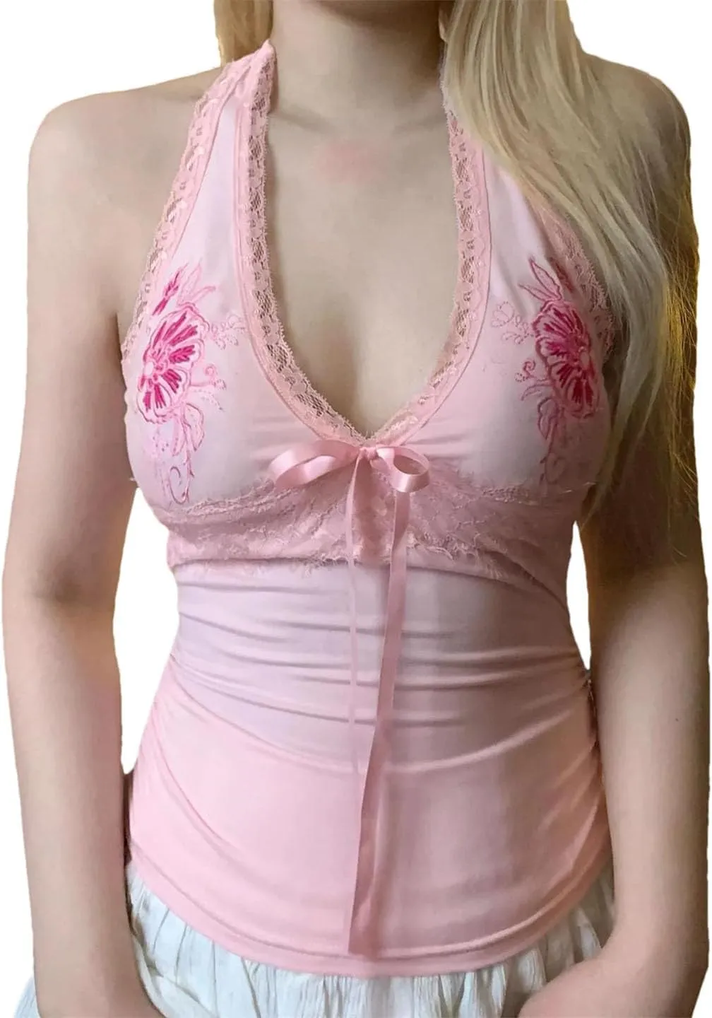 Woemn Embroidery Lace Trim Halter Tops Holiday Deep V-Neck Sleeveless Tank Tops