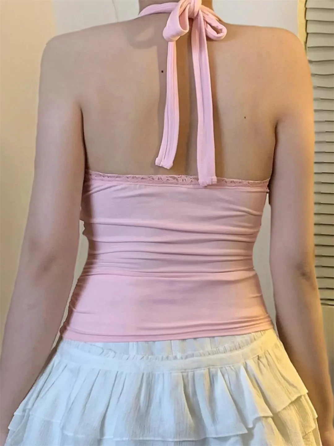 Woemn Embroidery Lace Trim Halter Tops Holiday Deep V-Neck Sleeveless Tank Tops